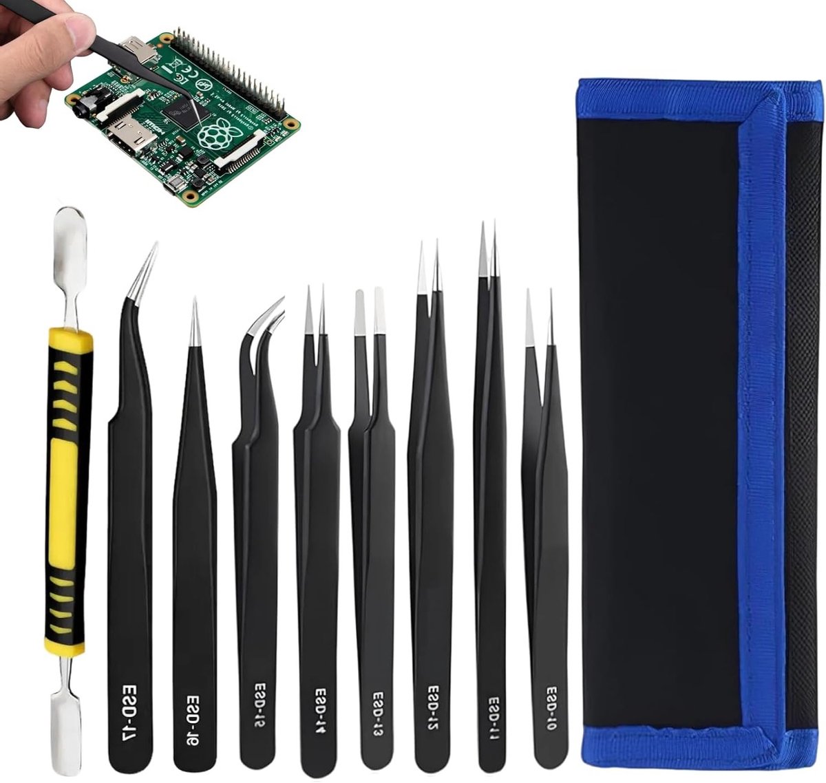 Set van 10 Precisie Pincetten van Roestvrij Staal, Antistatisch voor Elektronica, Sieraden, Lab en Modelbouw, Inclusief Spatel en Opbergtas
