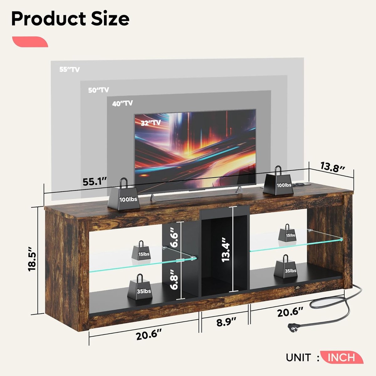 TV meubel 140 cm met stopcontacten en RGB LED – House&Garden lowboard voor 65 inch tv – tv kast met stekkerdoos (3 stopcontacten + 2 USB), kabelmanagement, 5 opbergvakken & verstelbare glazen planken – modern donkerbruin 140x35x47 cm