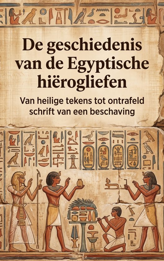 Boekomslag: De geschiedenis van de Egyptische hiërogliefen. Van heilige tekens tot ontrafeld schrift van een beschaving. Egyptische muurschildering met hiërogliefen en figuren.