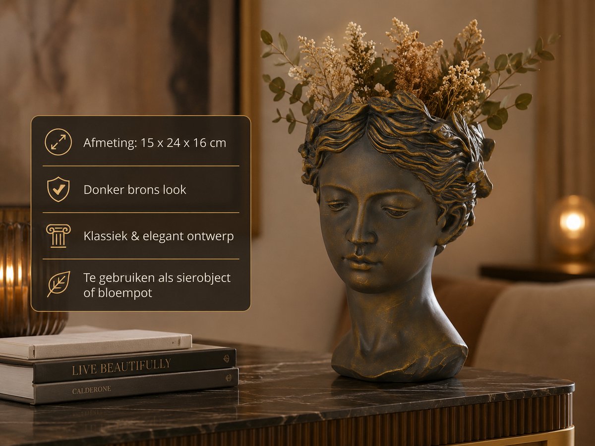 Decoratief Beeld Vrouwenhoofd met Bladeren – Donker Brons Look met Gouden Accenten – Klassieke Buste Vaas / Bloempot – Plantenhouder & Sierobject – Luxe Woondecoratie Ornament voor Dressoir, Kast of Vensterbank – 15x24x16 cm