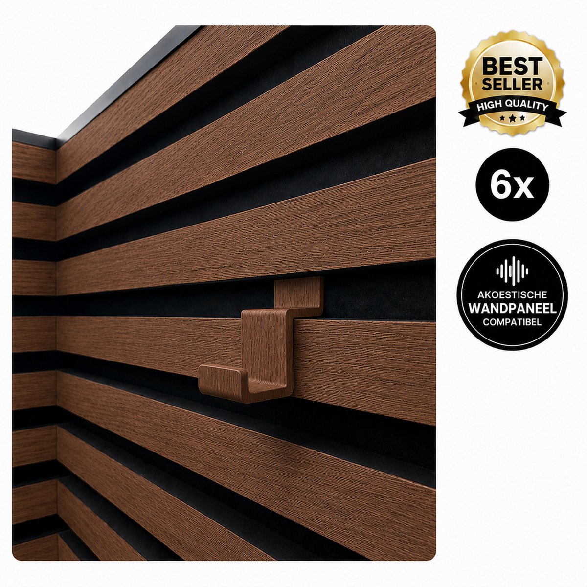 6 Stuks Akoestische Paneel Haken - Wandhaak Voor Lattenwand - Kapstokhaak Voor Akoestische Wandpanelen - Design Wandhaak - Opberghaak Voor Hal Slaapkamer Kantoor Badkamer - Sterke Bevestiging - Organizer Voor Wandpanelen - Roasted Chestnut