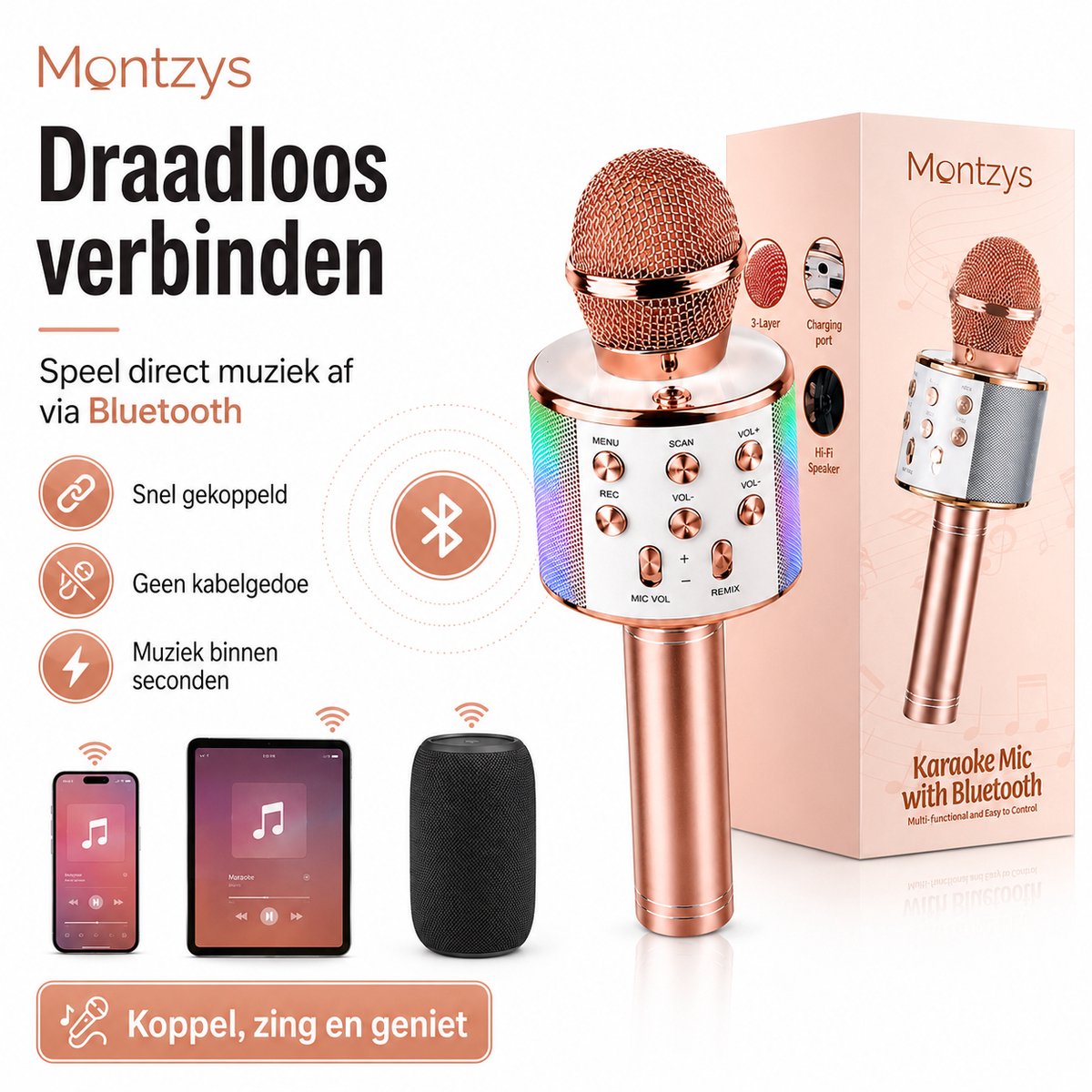 Montzys® Karaoke Microfoon Set - Bluetooth & Ingebouwde Speaker - Draadloos & LED - voor Kinderen & Volwassenen — cadeau in Gadgets - foto 7