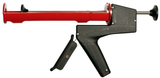 Rood kitpistool met zwart handvat en zwarte ergonomische greep.