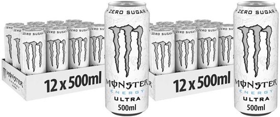 Twee dozen met elk 12 blikken Monster Energy Ultra Zero Sugar. De blikken zijn wit met het Monster logo.