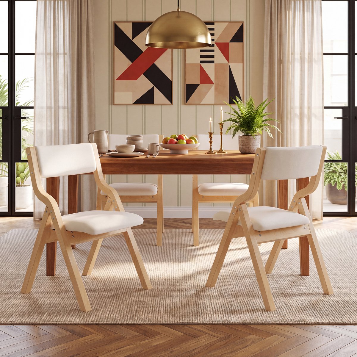 VVBV Eetkamerstoelen 55x49x81 cm - Massief Hout, Comfortabele Zitting, Ademende Bekleding, Ruimtebesparend - Beige