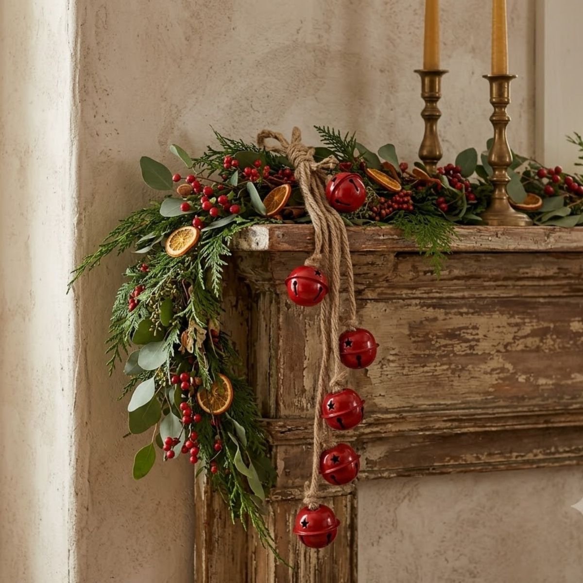Kerstslinger met 6 rode belletjes aan jute koord 40cm - Kerstbelletjes - Kerstguirlande - Nostalgische kerst - Bellenhanger - Slinger jingle bells