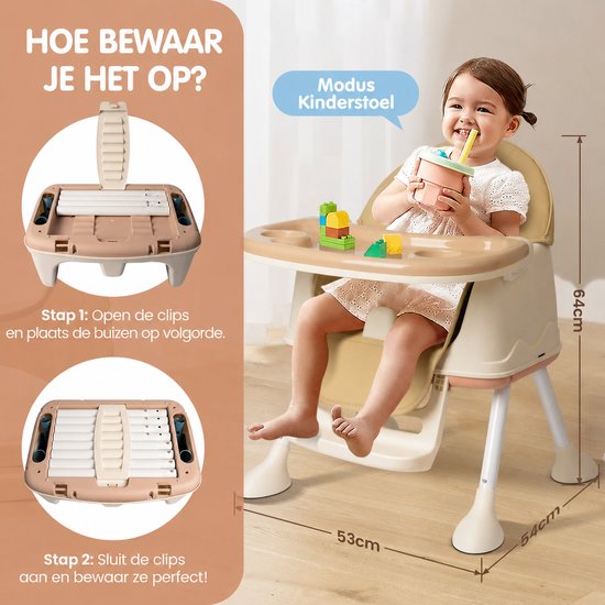 Arvioo - kinderstoel - 2-in-1 hoogstoel - 3 standen dienblad - afneembaar kussen beige — afbeelding 5