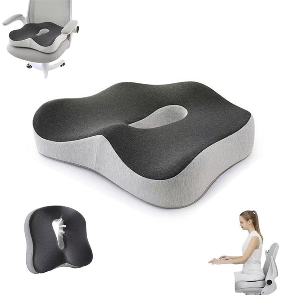 KZQ Orthopedisch zitkussen – Ergonomisch traagschuimkussen voor ontlasting van het stuitje – Ademend & antislip – Houdingscorrectie – Geschikt voor bureaustoelen en autostoelen – 38 x 34 x 7 cm – Grijs