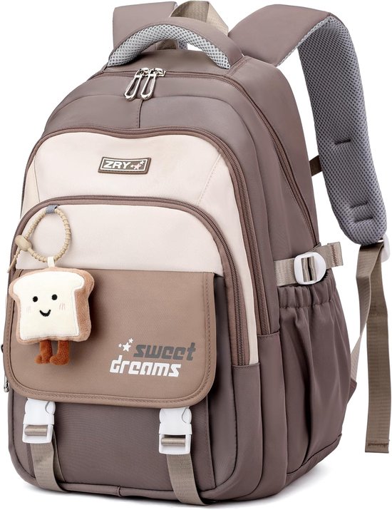 Bruine rugzak met beige accenten en een vrolijke toast-sleutelhanger.