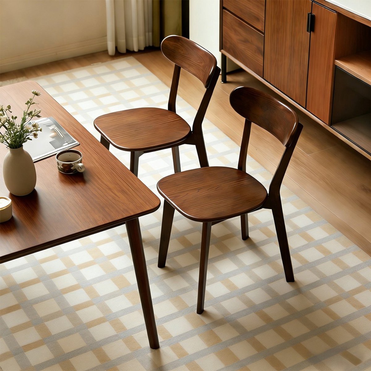 Pugsdrly Eetkamerstoelen van 100% massief hout, set van 2, Mid-Century Modern-stijl met gebogen rugleuning, keukenstoelen met verstelbare voetsteunen voor eetkamer, keuken, woonkamer, werkkamer, walnoot