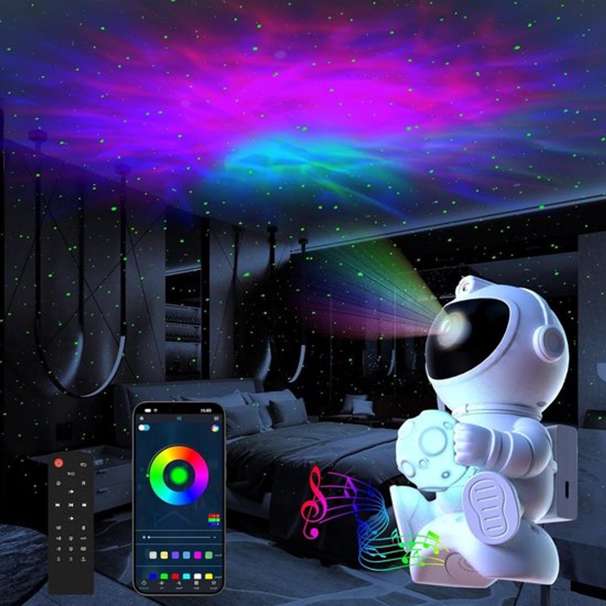 Galaxy Projector met luidspreker, 360°-rotatie, nachtlicht en timer voor slaapkamer en feestjes, ruimteprojector voor volwassenen en kinderen