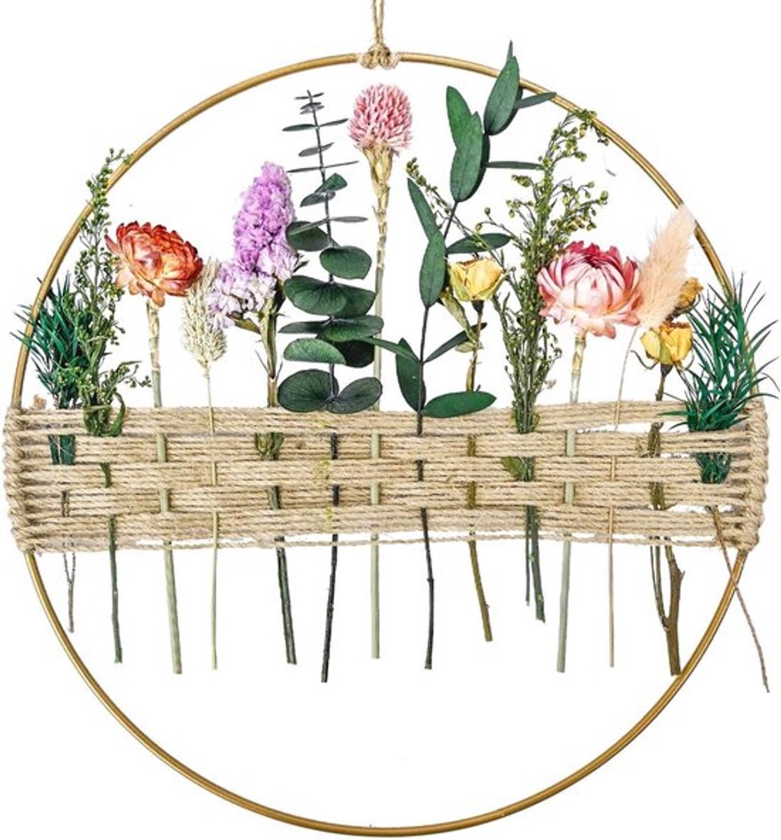 Voorjaarskrans voor de Voordeur, 25 cm Droogbloemen Krans met Metalen Ring, Moderne Decoratie voor Elk Seizoen en Stijlvolle Interieuraccenten