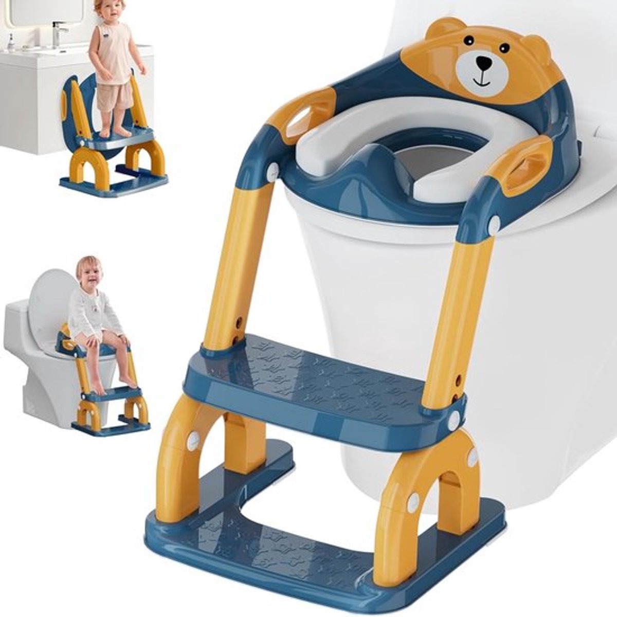 Vouwbare Toiletverkleiner voor Kinderen met Trap, 2-in-1 Verhoogd Toilet, Verstelbare Hoogte en Draagbaar, Geschikt voor V-vormige en O-vormige Toiletten (Blauw-Geel)