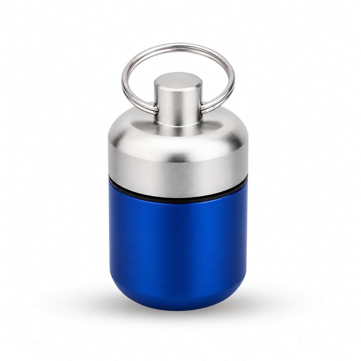 Cabantis® Bulky Mini Pillendoos Sleutelhanger – Aluminium Medicijnhouder – Reispillendoosje – Makkelijk Schoon te Maken – Draagbaar & Lucht- en Waterdicht – Zilver met Blauw