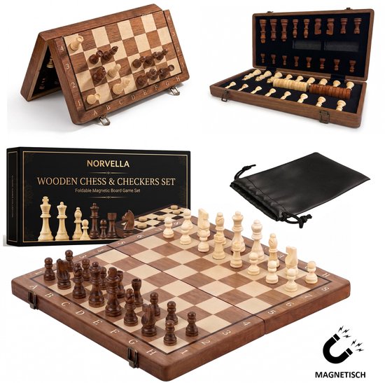 Houten schaakbord met schaakstukken in donker en licht hout, opgevouwen en uitgeklapt.