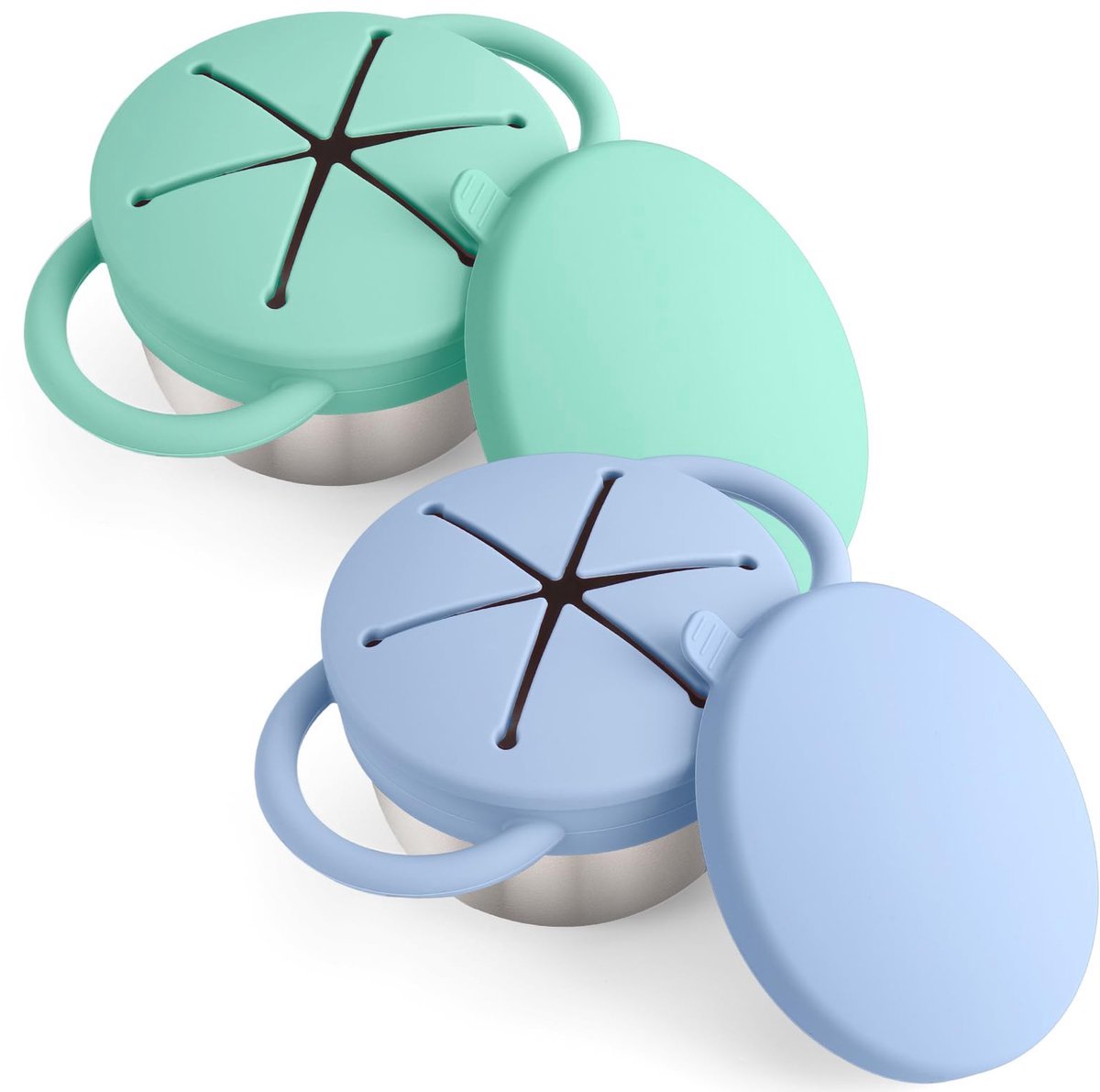 Casalora Baby Snackbeker Set 2-Pack – RVS Snack Cup met Afneembare Siliconen Anti-Mors Deksel – Vaatwasserbestendig