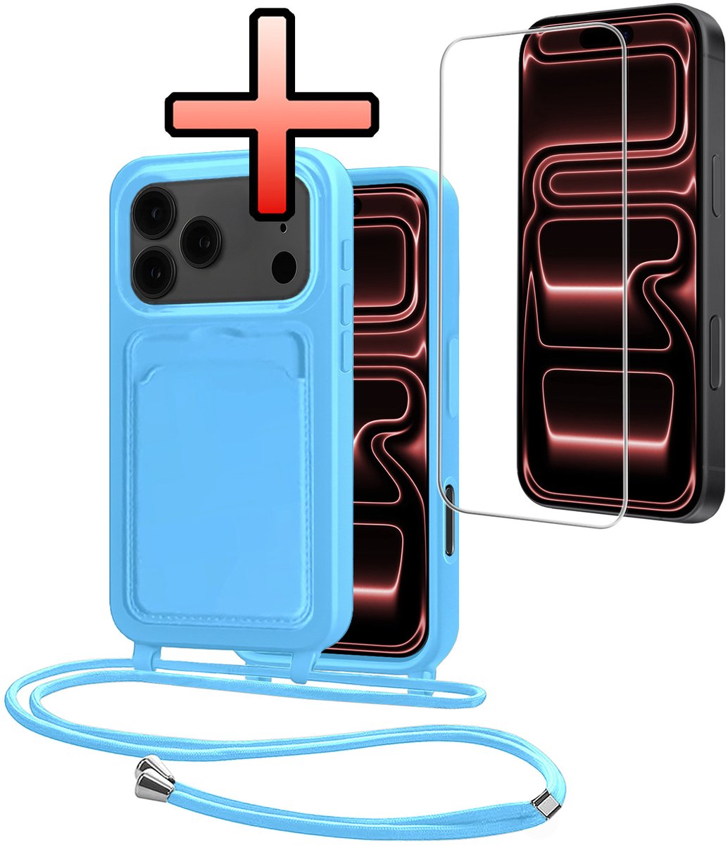Hoes Geschikt voor iPhone 18 Pro Met Telefoonkoord Met Screenprotector - Siliconen Hoesje Backcover Met Ketting - Lichtblauw
