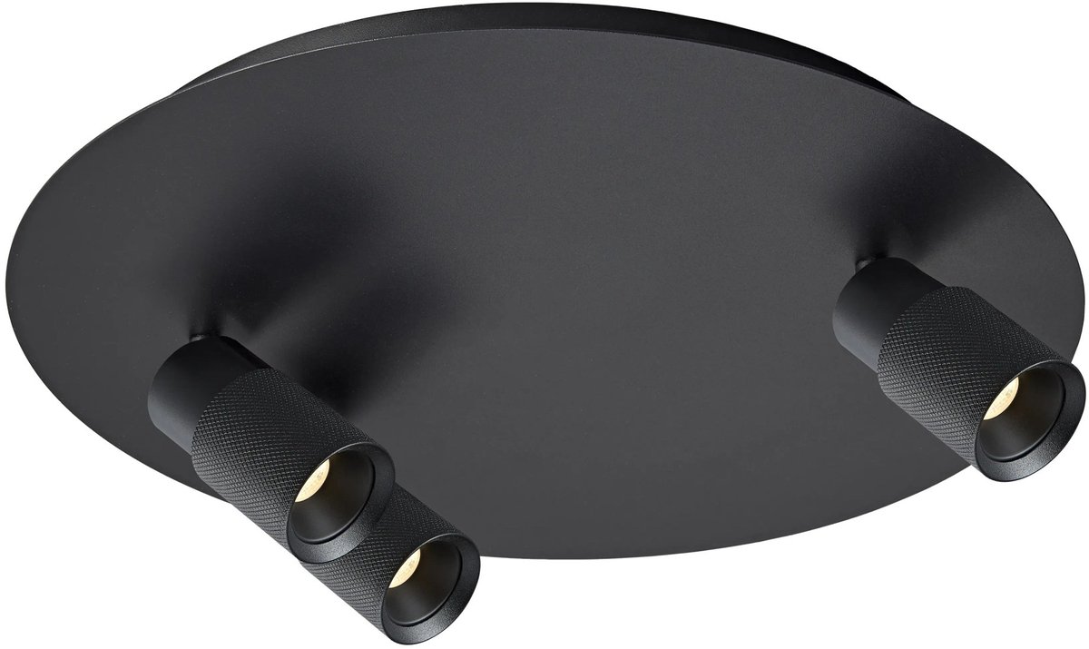 Nysal plafondspot rond, 3 lichtpunten, zwart aluminium, GU10 fitting, dimbaar, kantelbaar, 350 mm diameter