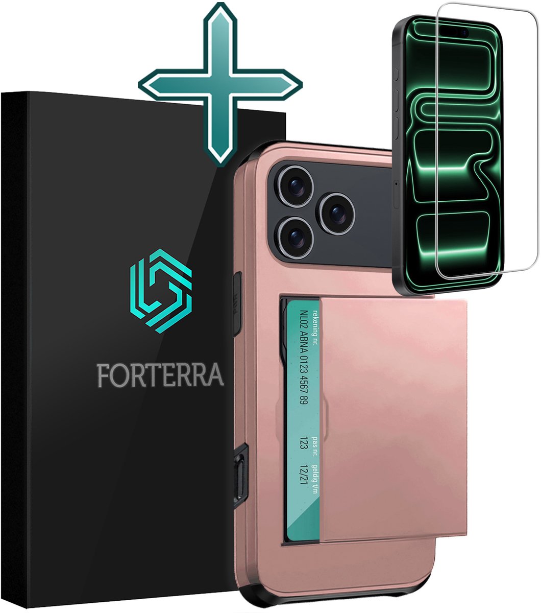 Hoesje Geschikt voor iPhone 18 Pro Pashouder Hard Case Hoes Met Screenprotector - Hoes Geschikt voor iPhone 18 Pro Hoesje Back Cover Met Pasjeshouder - Rosé goud