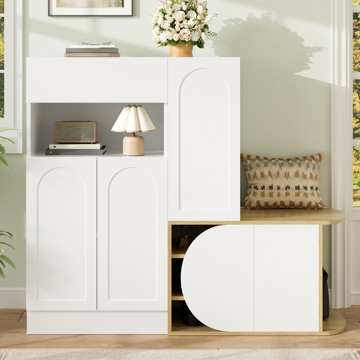 VVBV Schoenenkast 130x35x110.5 cm - Met Haken, Opbergruimte, Met Lades, Met Planken - Wit/Naturel, MDF