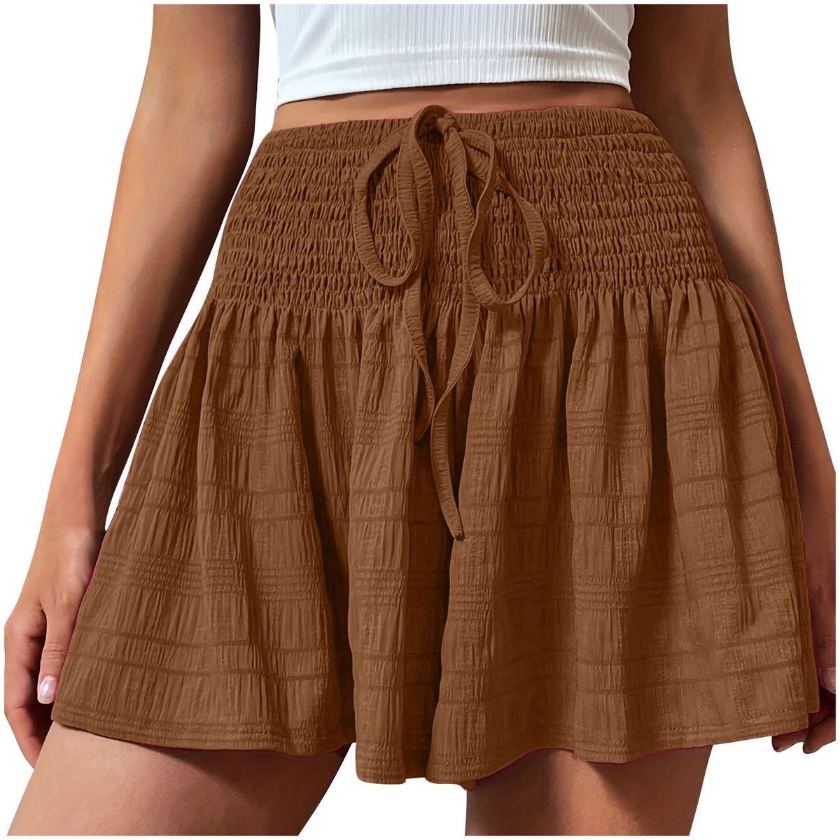 casalora®—Dames Shorts Losse Shorts Hoge Taille Shorts Trekkoord Shorts Zomer Shorts Casual Shorts Strand Shorts Linnen Look Shorts - Elastische Taille - Luchtige Vakantie Beachwear voor Dames—koffiebruin（L）
