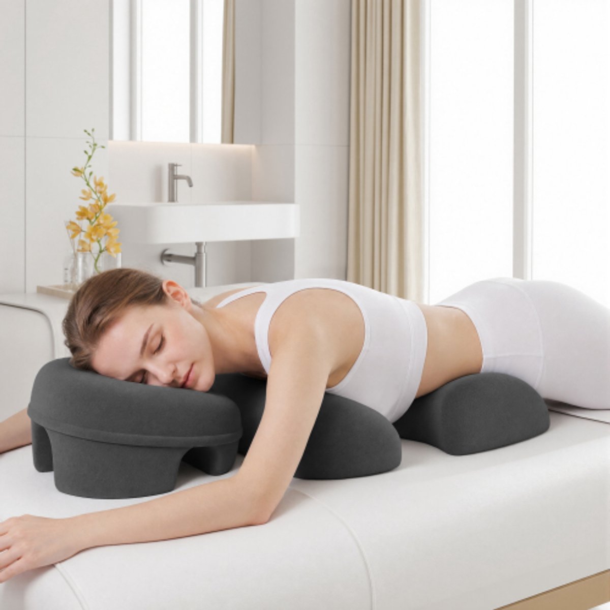 Massage-hoofdsteun voor op bed; een kussen dat ondersteuning biedt aan borst en gezicht, geschikt voor massages, wellness en om op te slapen. Ook geschikt voor buikligging tijdens oogoperaties en om op te slapen na een operatie.