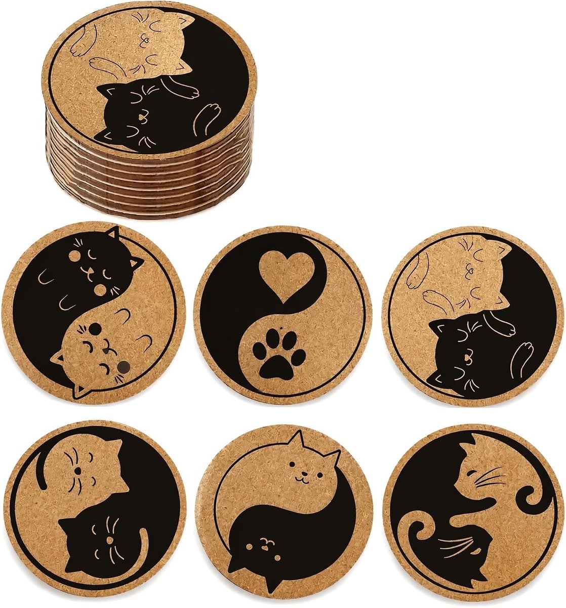 Set van 6 antislip houten onderzetters in de vorm van een kat voor eettafels; antislip, absorberend en herbruikbaar; geschikt voor bars, keukens, woonkamers, als cadeau, decoratie en voor feestjes; praktisch en decoratief.