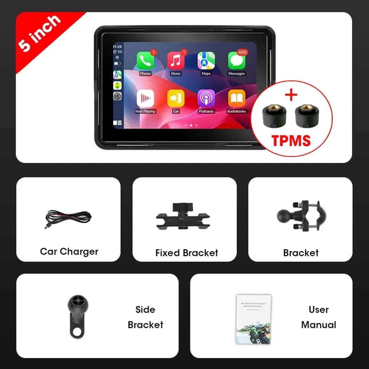 Archi 5 inch Motor Navigatiescherm – Draadloos CarPlay & Android Auto – GPS – TPMS – Bluetooth – IPX7 – 128GB Ondersteuning
