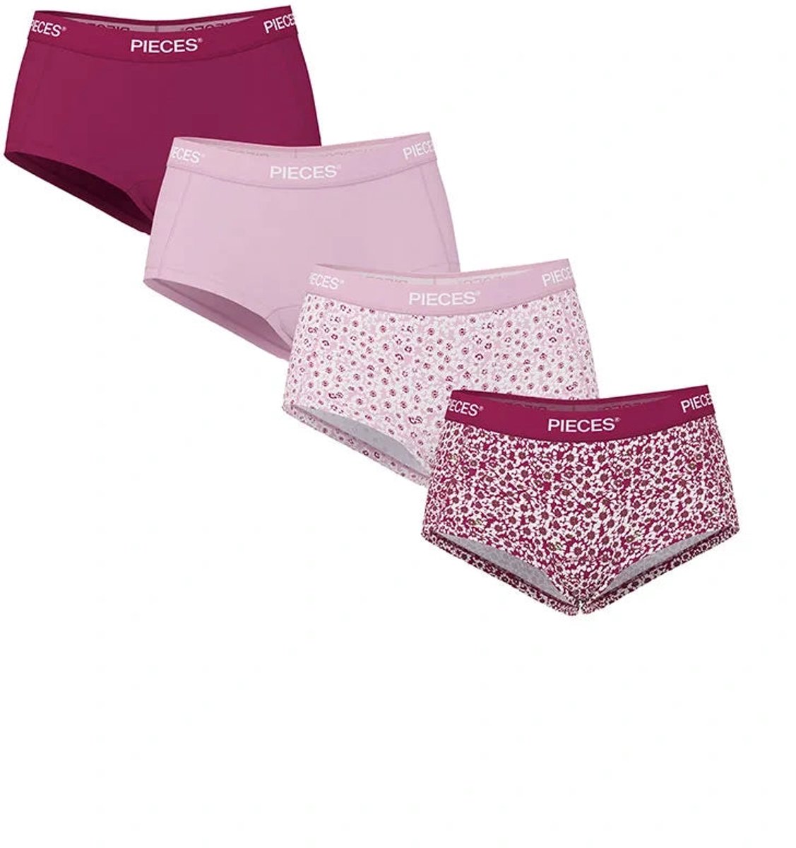 Pieces 4-Pack Dames shorts - Solid - Katoenen dames onderbroek - Multipack - Voordeelverpakking - Raspberry / S