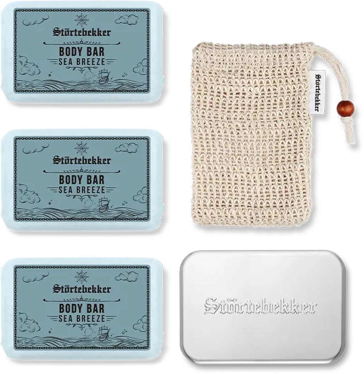 Störtebekker® Premium Douche Set Body Sea Breeze - Shower Set Heren met Frisse Zeebries, Tijm & Citrus - Vaste Douchezeep (3x 120g), Sisal Washandje & Zeepdoos - Vegan met Sheaboter - Handgemaakt in Nederland - Plasticvrij