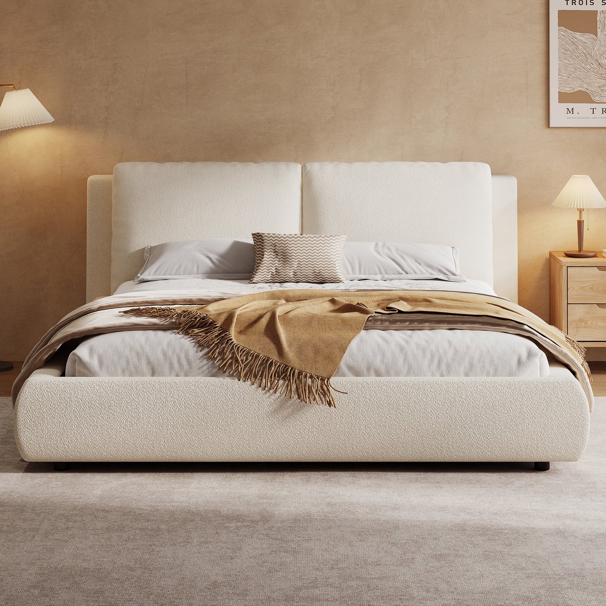 VVBV Tweepersoonsbed 160x200 cm - Hydraulische Opbergruimte, Gestoffeerd Hoofdbord, Met Lattenbodem - Beige, Bouclé