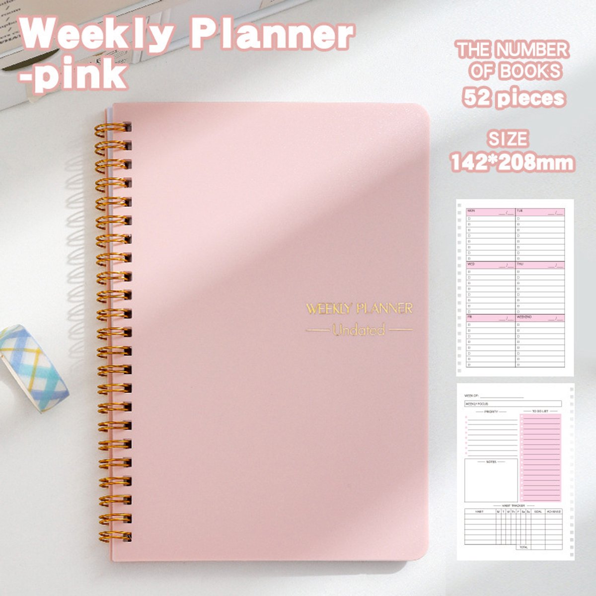 Weekplanner – 52 ongedateerde pagina's – To-dolijst – Taakbeheer – Afspraken plannen – Spiraalbinding – Dagplanning – 14,2 x 20,8 cm-Roze