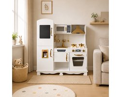 Maxx kidz - Houten Speelgoed Keuken - Complete en Luxe Speelkeuken - Wit Keukentje met Gouden Afwerking - Stevige Kinderkeuken met Accessoires - Speelgoedkeuken met Geluid en Diverse Pannetjes
