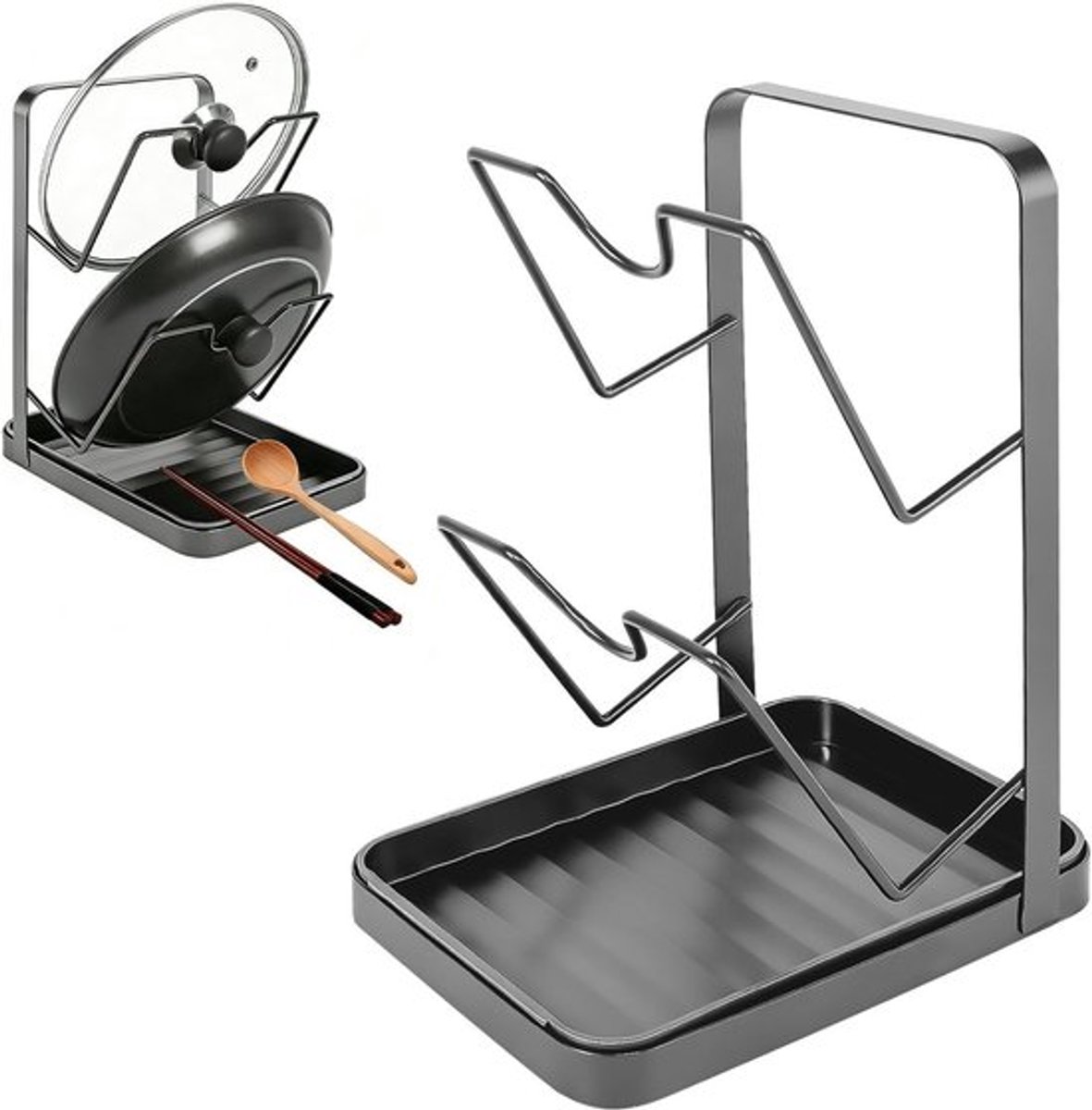 RVS Pan Deksel Organizer met Lepelhouder, Dubbele Laag, Antislip Keukenoplossing voor Pannen en Snijplanken van 16-28 cm, Efficiënte Keukenopslag en Organisatie