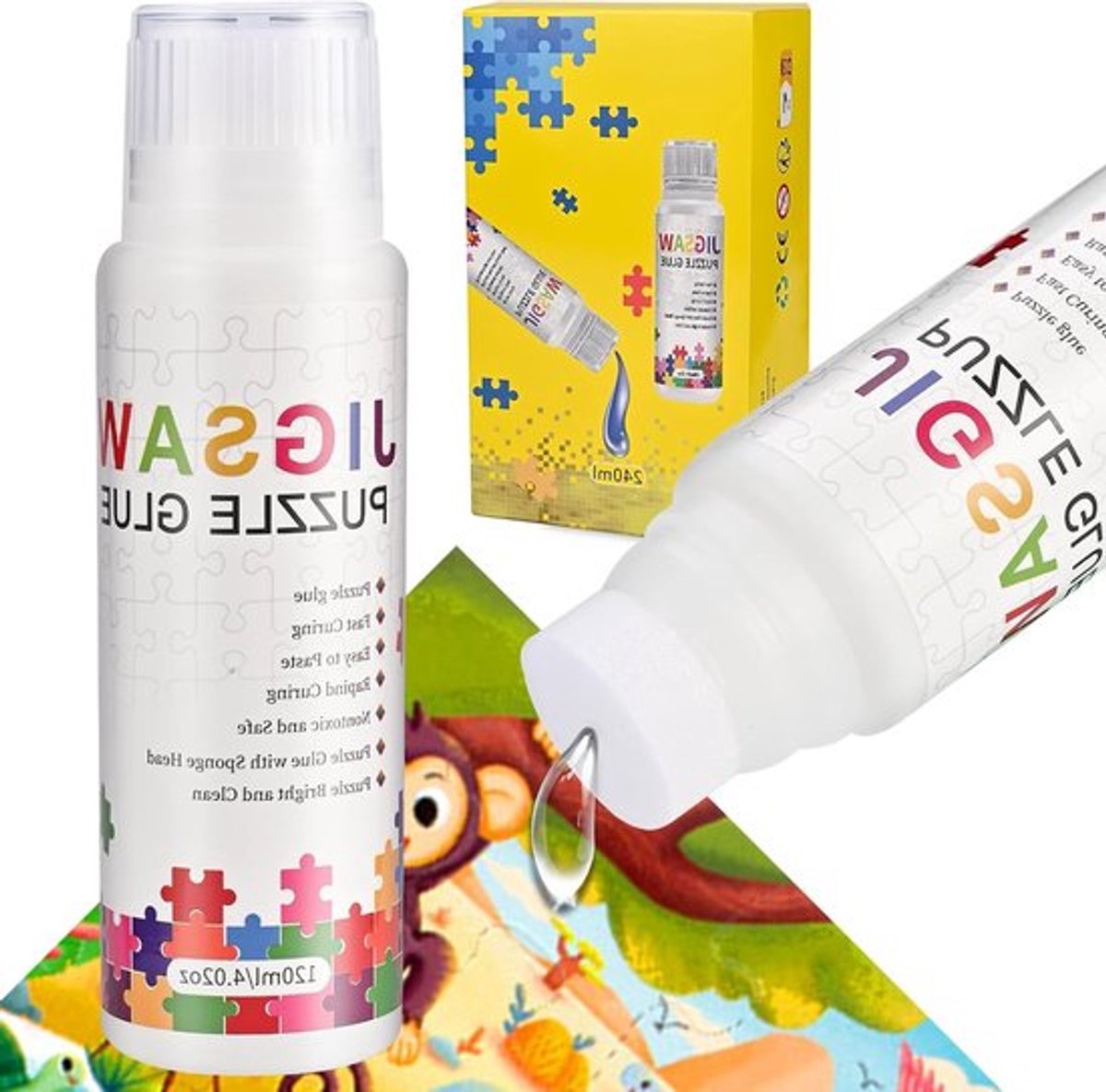 Puzzle Lijm 240 ml, Transparante Set met Sponskop, Geschikt voor Kinderen en Volwassenen, Perfect voor het Plakken en Ophangen van Puzzels tot 2000 Stukken