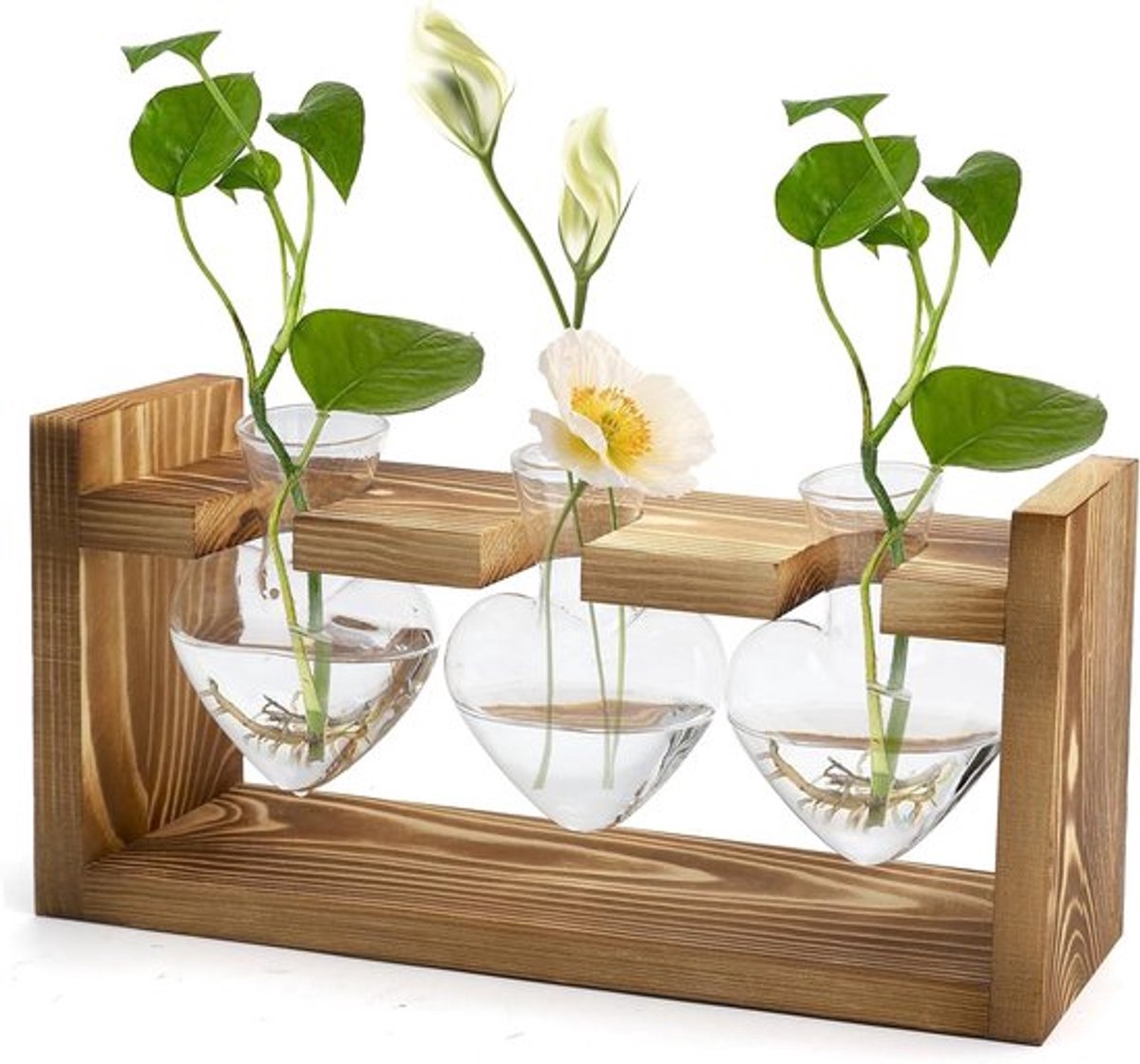 Vintage Decoratieve Bloemenvaas met Houten Stand, Testbuis voor Bloemen, Propagatiestation en Terrarium Decoratie voor Planten en Cadeaus, Perfect voor Raam of Bureau