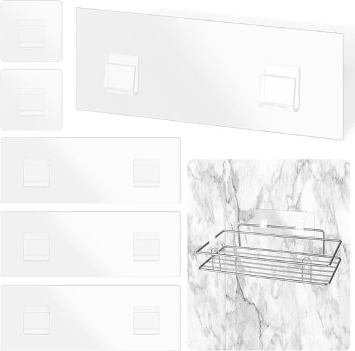 6-delige Douche Caddy Set zonder Boren - Transparante Wandplanken met Waterdichte Plakpads en Haakjes voor Badkamer en Keukenopslag