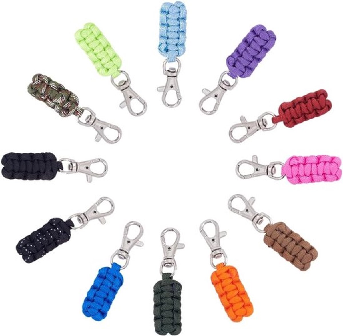 12 Stuks Kleurrijke Gevlochten Touw Sleutelhangers met Karabijnhaak voor Rugzakken, Tenten en Koffers