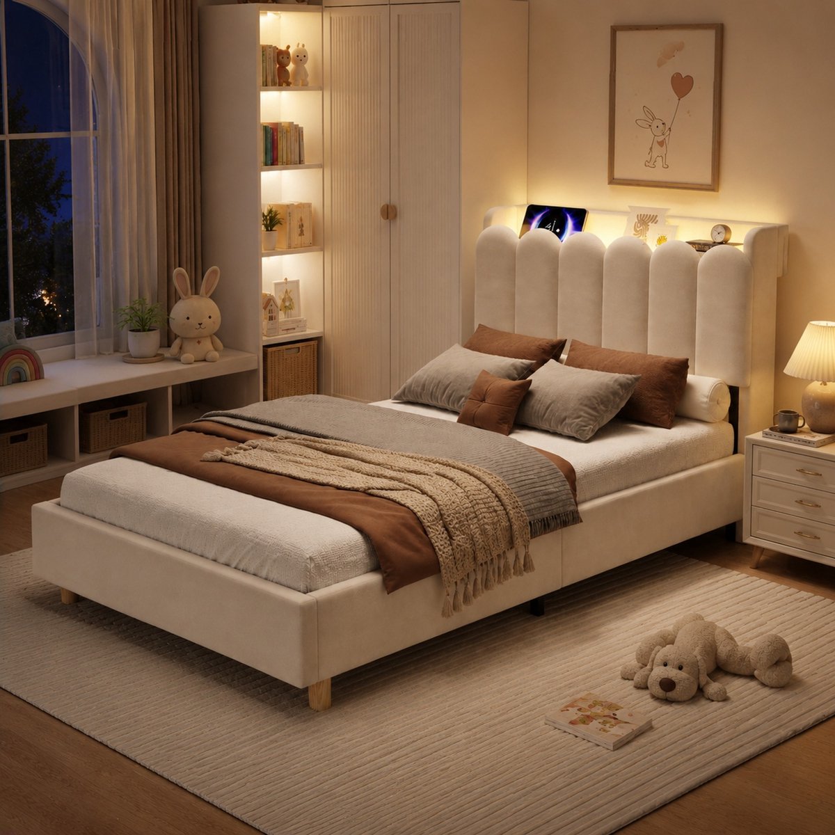 DESMIU Gestoffeerd Bed 90 x 200 cm – Kinderbed Met Lattenbodem, USB, Type C En Leeslamp – Hoofdbord Met Opbergruimte – Samt – Beige Zonder Matras