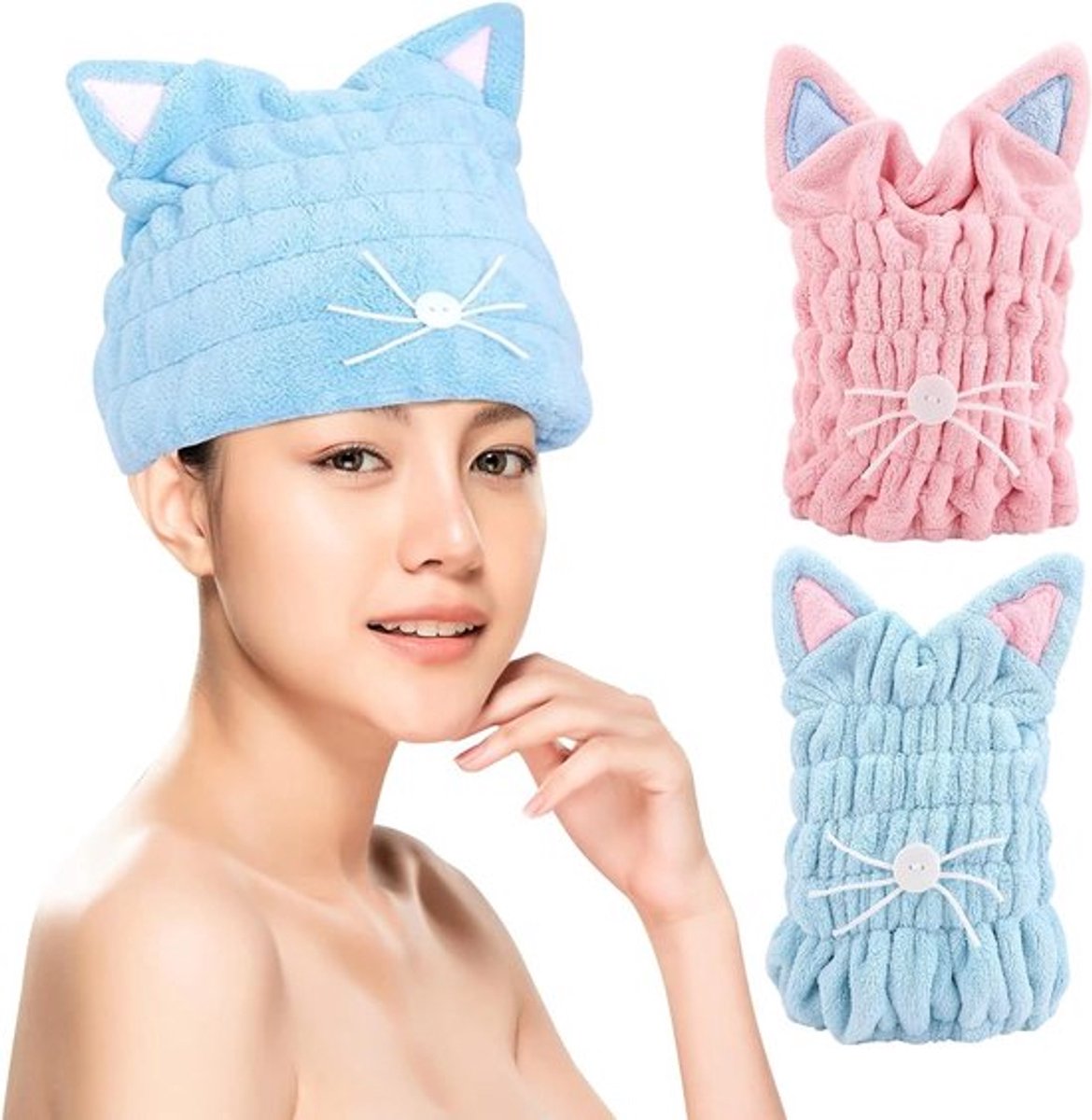Set van 2 Sneldrogende Microvezel Haar Turbans met Kattenoren - Absorberende Haarhanddoeken voor Kinderen en Dames, Perfect voor Zwemmen en Thuisgebruik