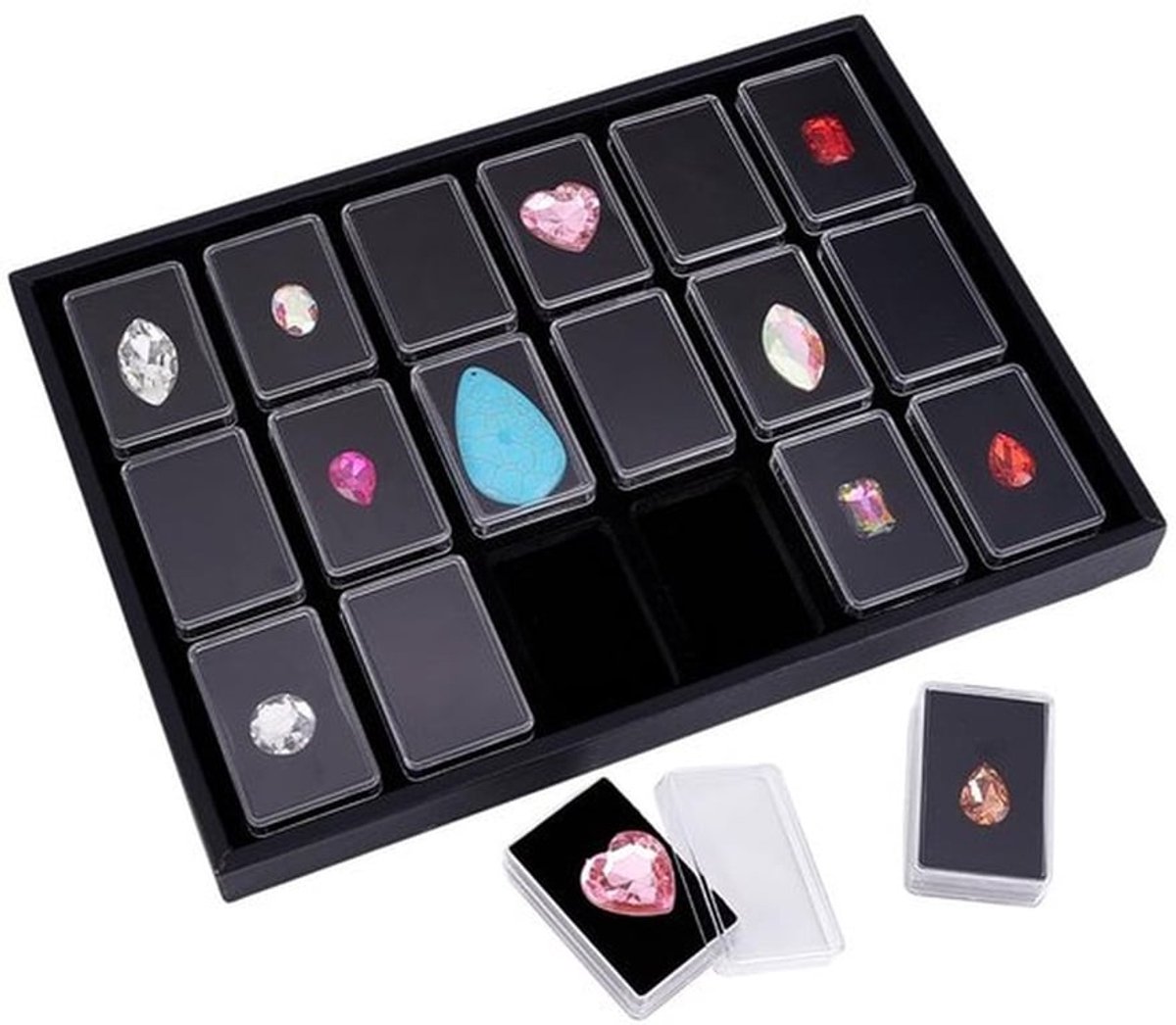 Edelstenen Houder - 18 Stuks - Opbergdoos met Deksel - Organizer - Displaydoos - Zwarte Buitendoos - Inclusief Sponsmat