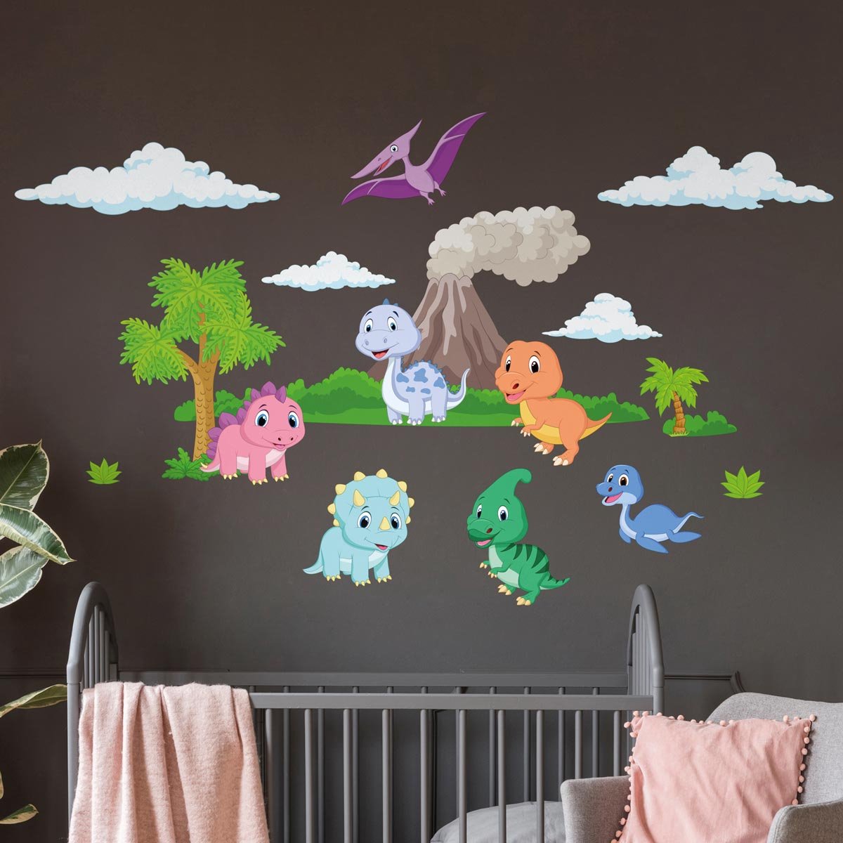 Ambiance Sticker Muurstickers - Dinosaurussen en de vulkaan - Zelfklevende stickers - 90x60cm Multi color