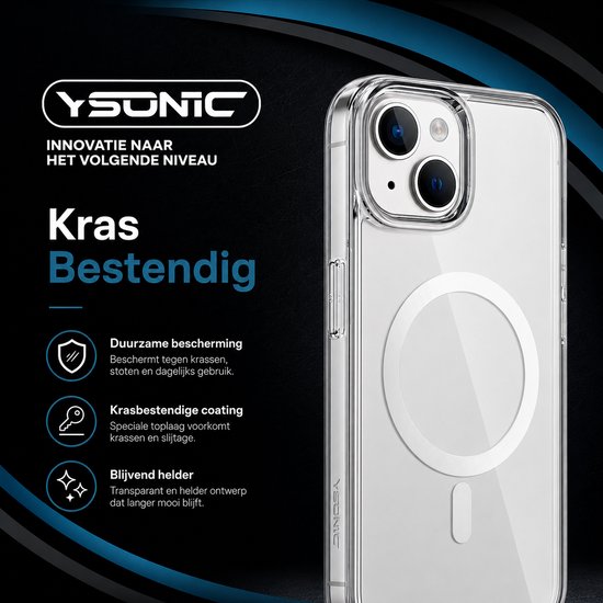 Doorzichtige iPhone 14 hoes met MagSafe ring en zilveren rand, met iconen voor duurzame bescherming en krasbestendige coating.