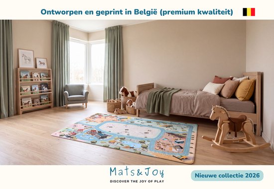 Kinderkamer met een speelmat met paardenmotief van Mats & Joy in de collectie 2026, ontworpen en gedrukt in België.