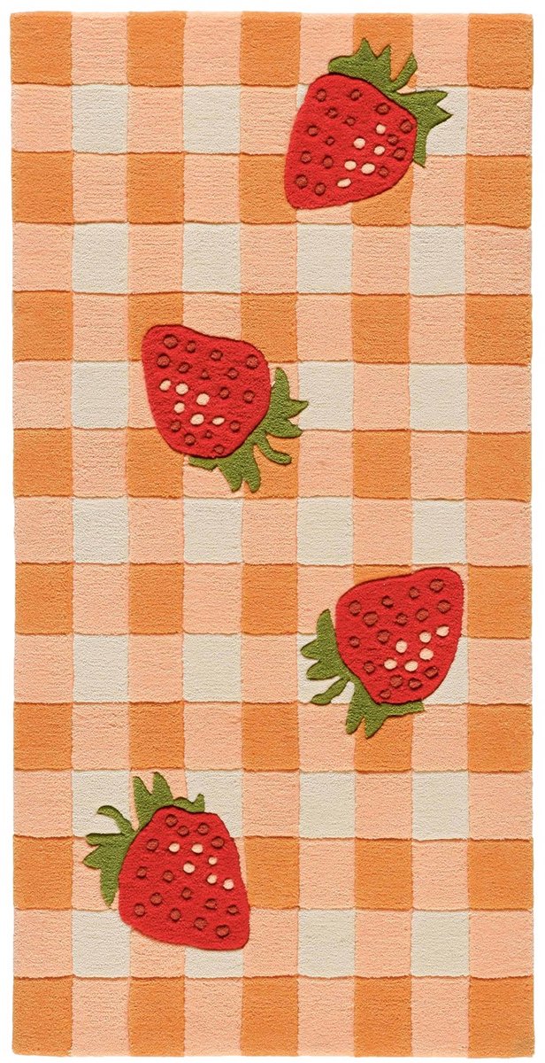 Padiro kindervloerkleed 70 x 140 cm - rood - geometrisch ruit- en blokpatroon - met aardbeimotief - geschikt voor vloerverwarming - van modacryl