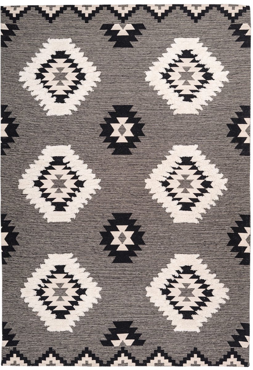 Padiro laagpolig vloerkleed 120 x 170 cm - grijs - boho geometrisch patroon - geschikt voor vloerverwarming - van katoen en polyester