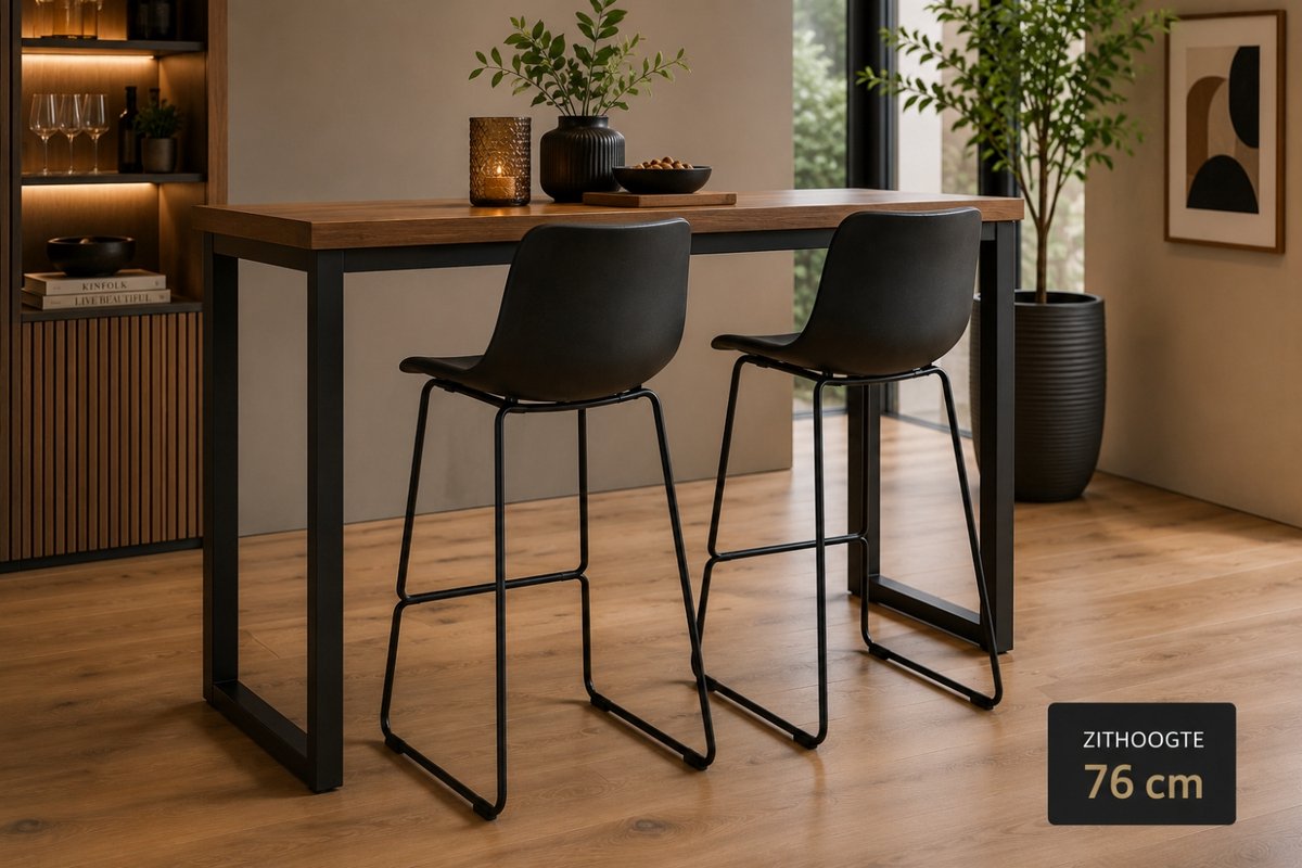 Belfurn - Elin hoge barkruk – zithoogte 76 cm – zwart – kunststof kuip – zwart stalen onderstel