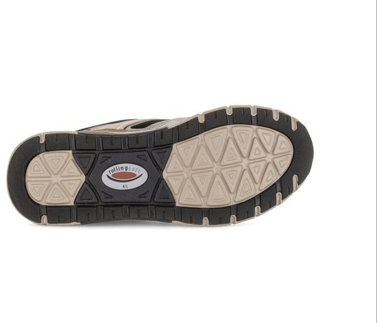 Onderkant van een zwart-beige sneaker met profiel en het Rollingsoft logo.