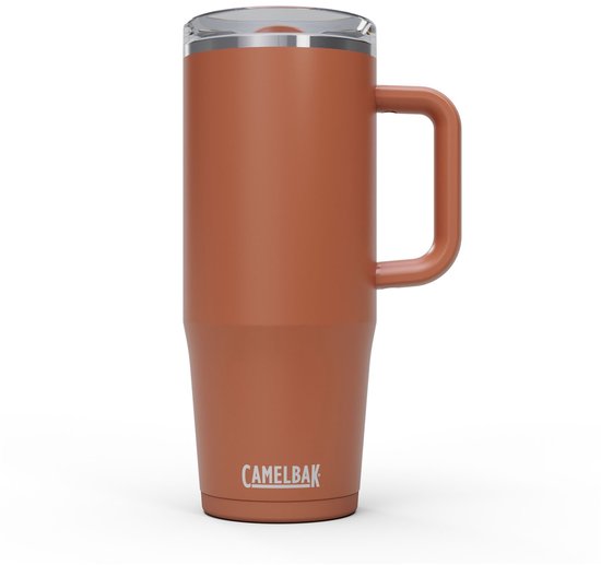 Camelbak Thrive mok in roestbruine kleur met handvat en zilverkleurig deksel.