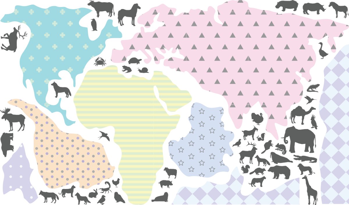 Ambiance Sticker Muurstickers - Wereldkaart + Dieren - Transparante achtergrond - 80x135cm Multi color